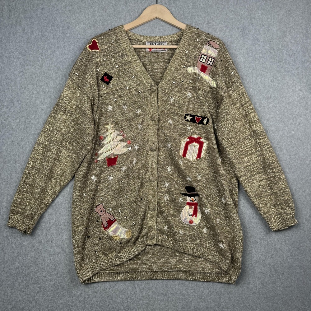 VTG Richard Sport Cardigan Sweater Womens L Gold Metallic Christmas Embroidered‎